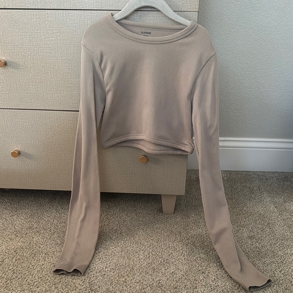 Glassons Tan Fitted Crop Long Sleeve Sweatshirt